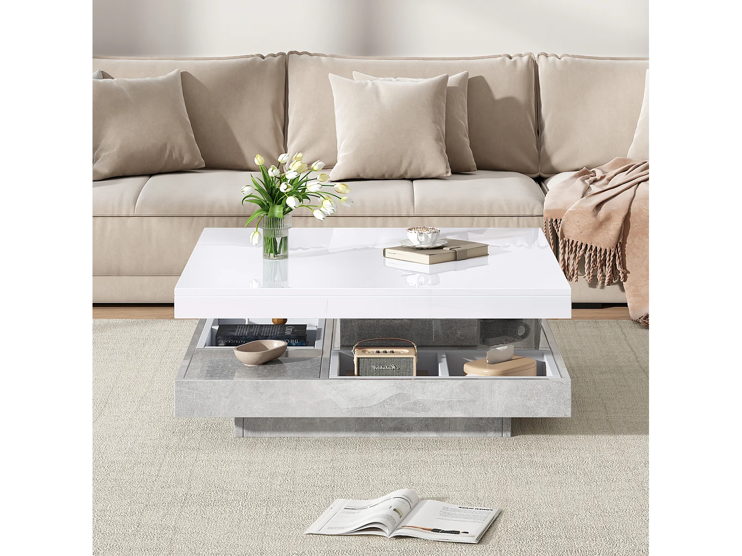 Table Basse carrée avec Rotation à 360 degrés -  avec compartiment de rangement, Gris + blanc