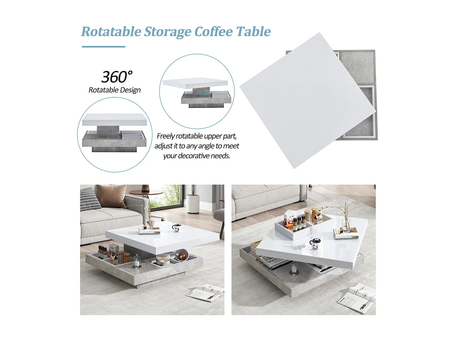 Table Basse carrée avec Rotation à 360 degrés -  avec compartiment de rangement, Gris + blanc