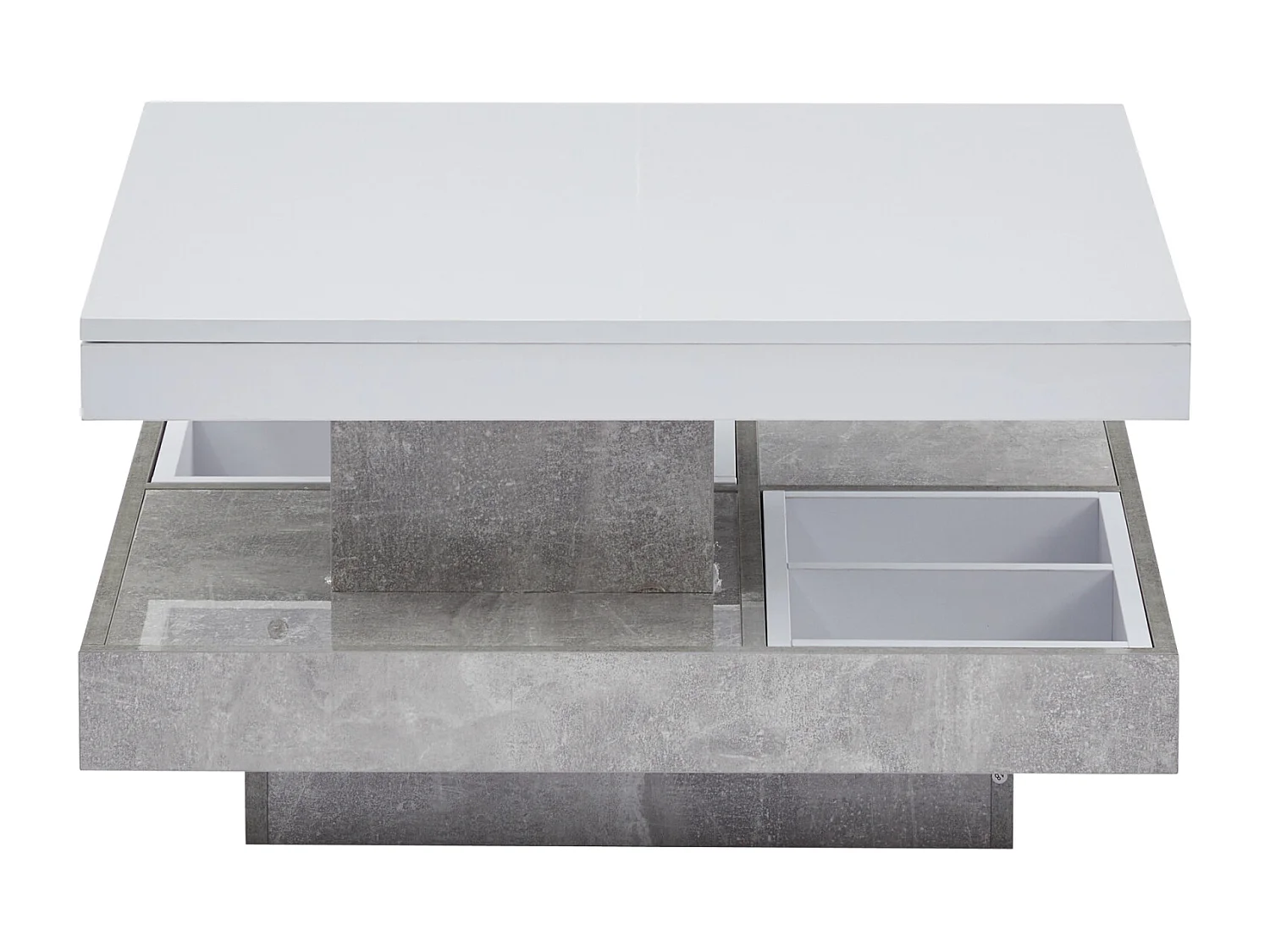Table Basse carrée avec Rotation à 360 degrés -  avec compartiment de rangement, Gris + blanc