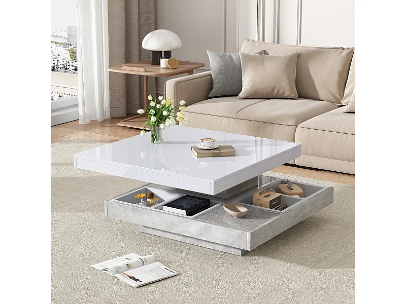 Table Basse carrée avec Rotation à 360 degrés -  avec compartiment de rangement, Gris + blanc