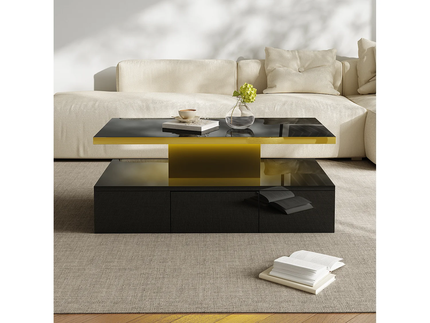 Mesa de centro com iluminação LED, mesa com gavetas, mesa lateral com duas prateleiras, preta