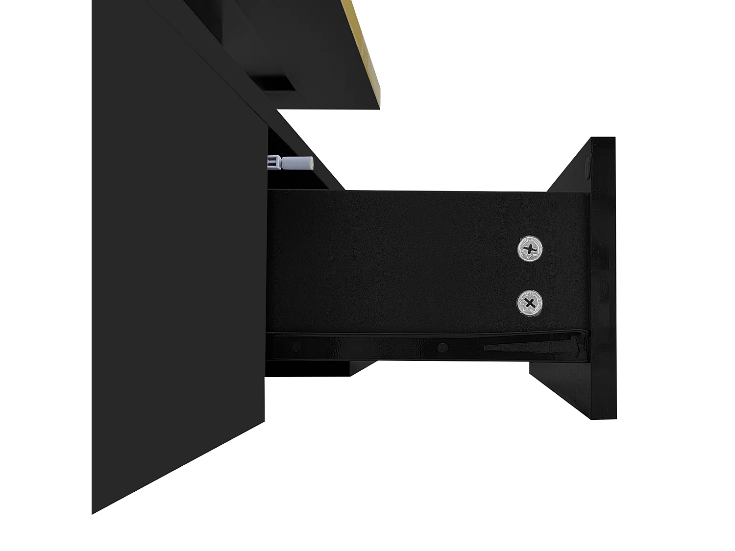 Mesa de centro com iluminação LED, mesa com gavetas, mesa lateral com duas prateleiras, preta