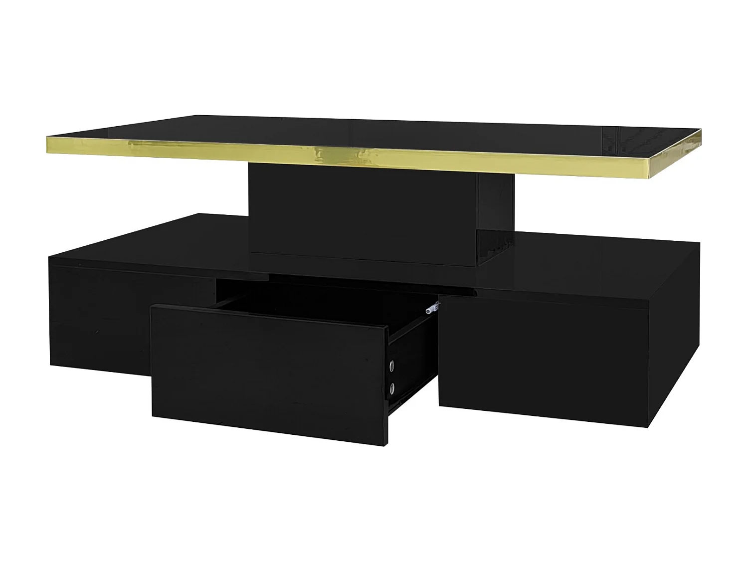 Mesa de centro com iluminação LED, mesa com gavetas, mesa lateral com duas prateleiras, preta