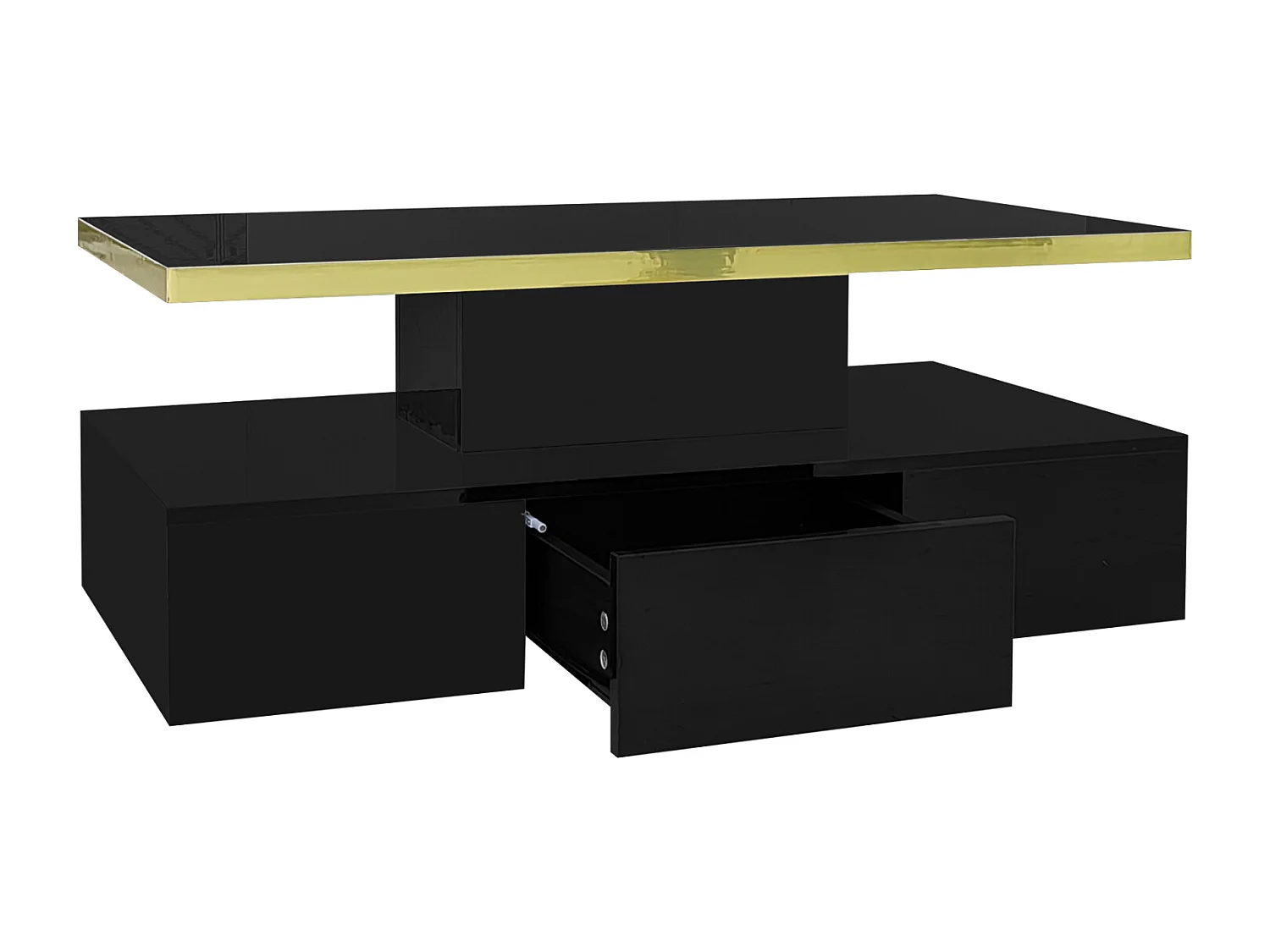 Mesa de centro com iluminação LED, mesa com gavetas, mesa lateral com duas prateleiras, preta
