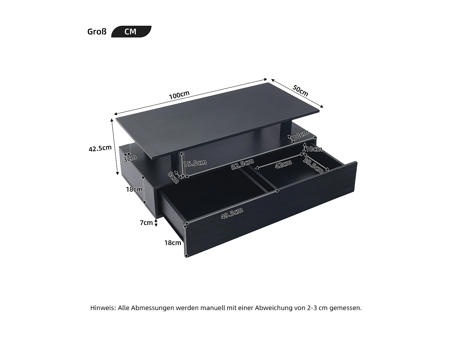 Table Basse avec LED, Fonction de Rangement, Table Basse rectangulaire à Double Couche, Noir