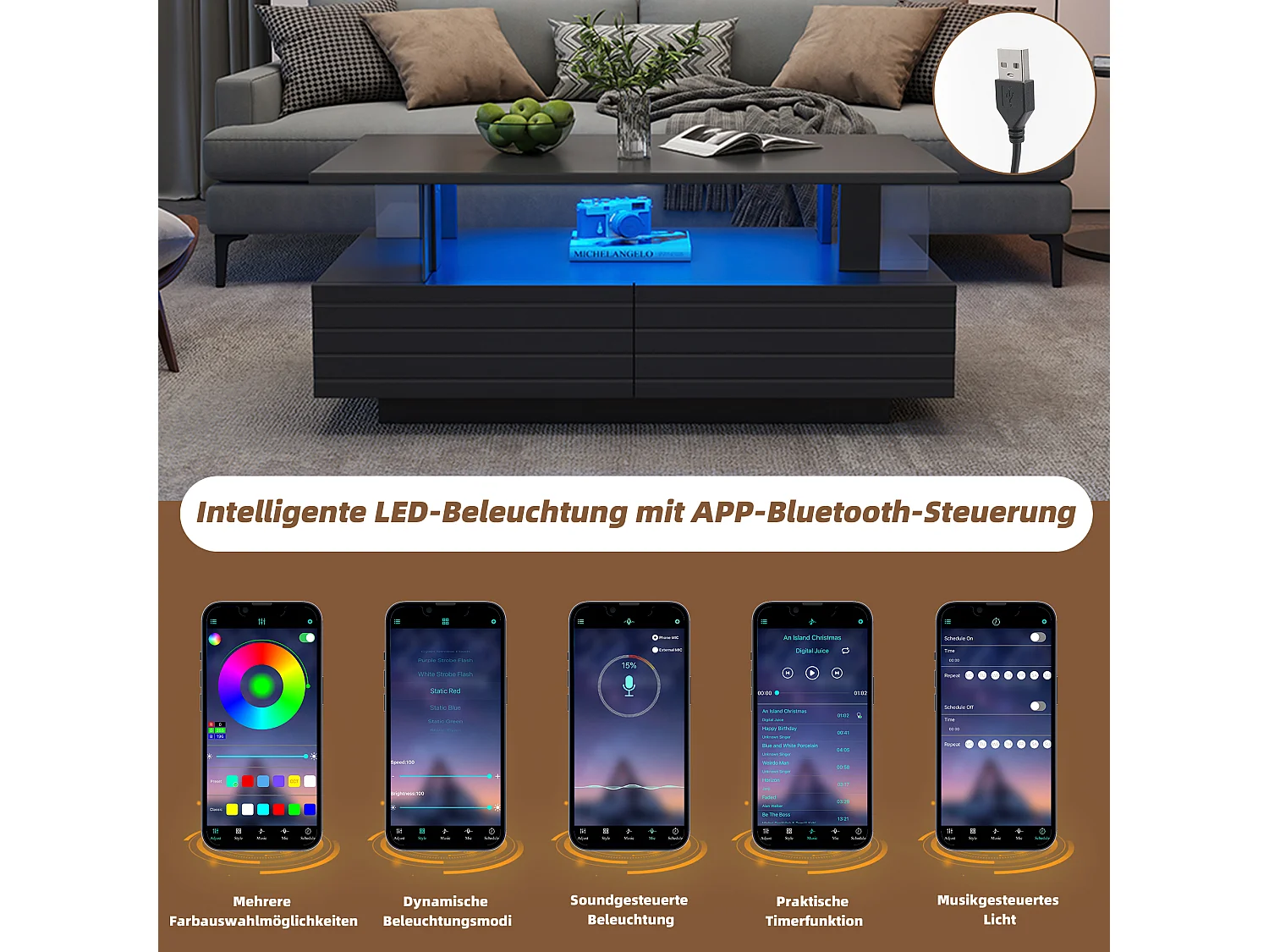 Table Basse avec LED, Fonction de Rangement, Table Basse rectangulaire à Double Couche, Noir