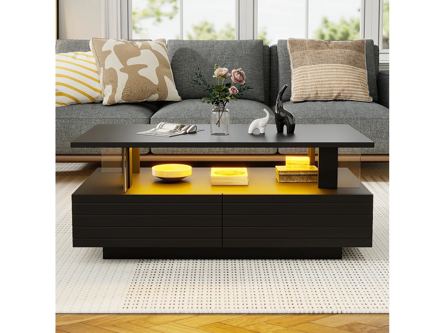 Mesa de centro com iluminação LED, função de armazenamento, mesa de centro retangular de dois níveis, preta.