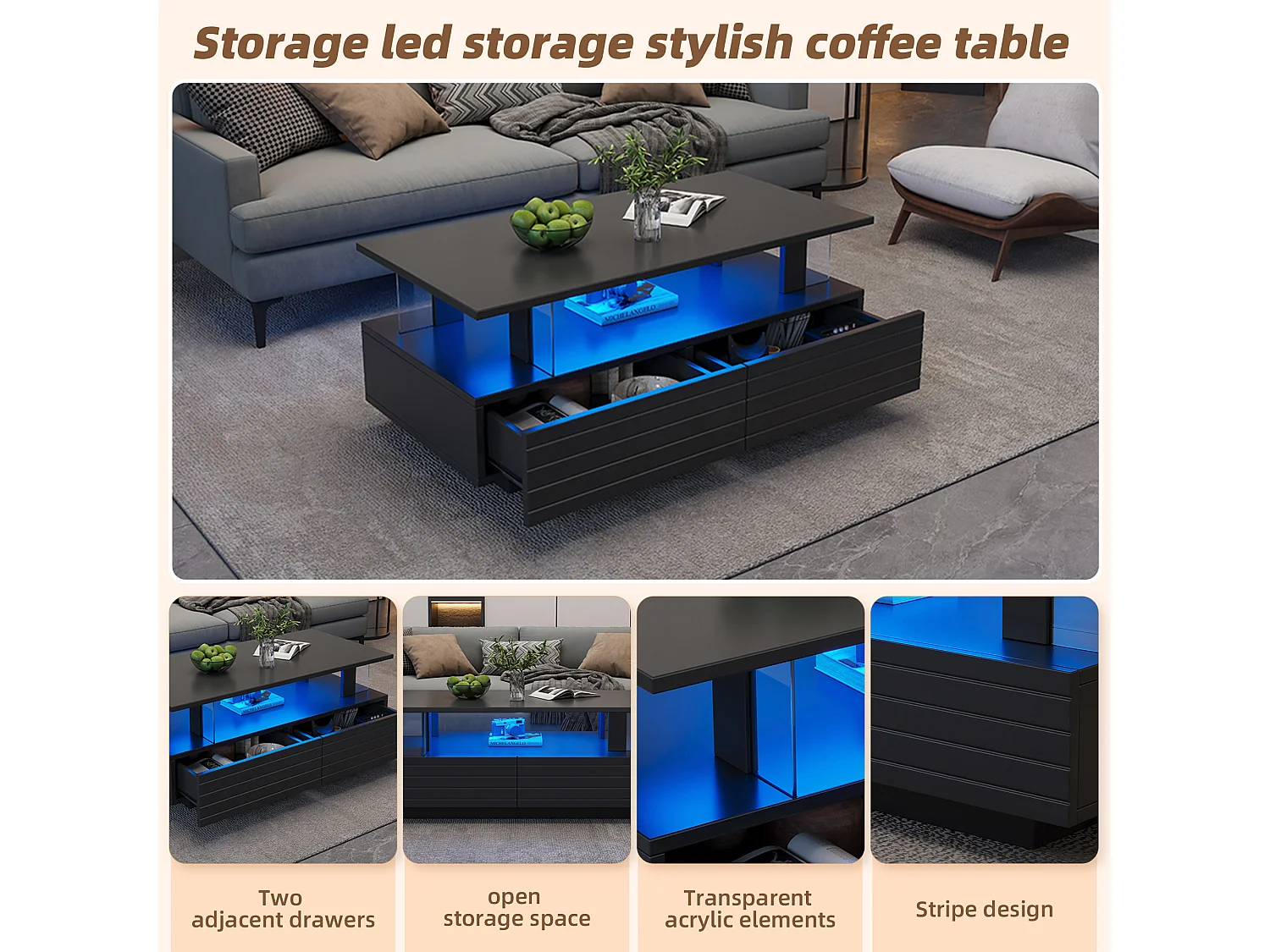 Mesa de centro com iluminação LED, função de armazenamento, mesa de centro retangular de dois níveis, preta.