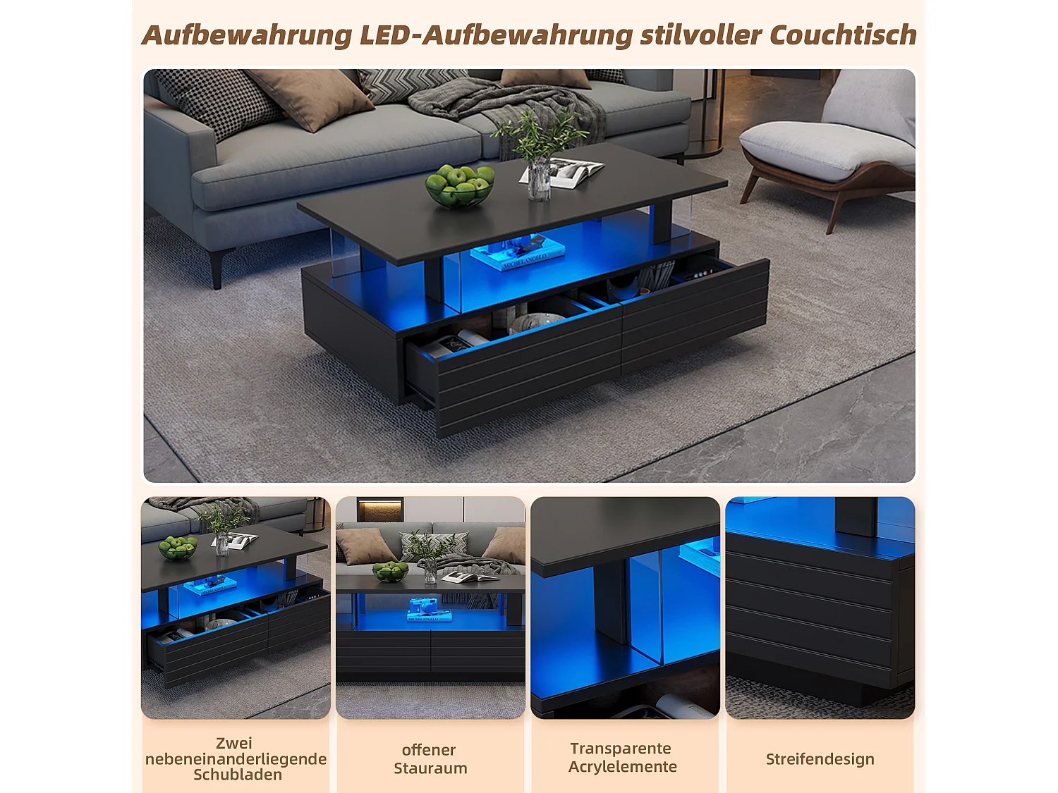 Mesa de centro com iluminação LED, função de armazenamento, mesa de centro retangular de dois níveis, preta.