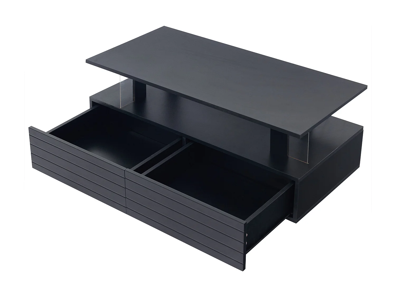 Mesa de centro com iluminação LED, função de armazenamento, mesa de centro retangular de dois níveis, preta.