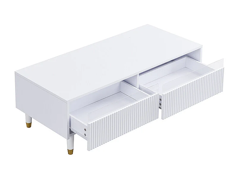 Mesa de centro LED de 110 x 50 x 40 cm, mesa de salón con 2 cajones y frontal acrílico, blanca.