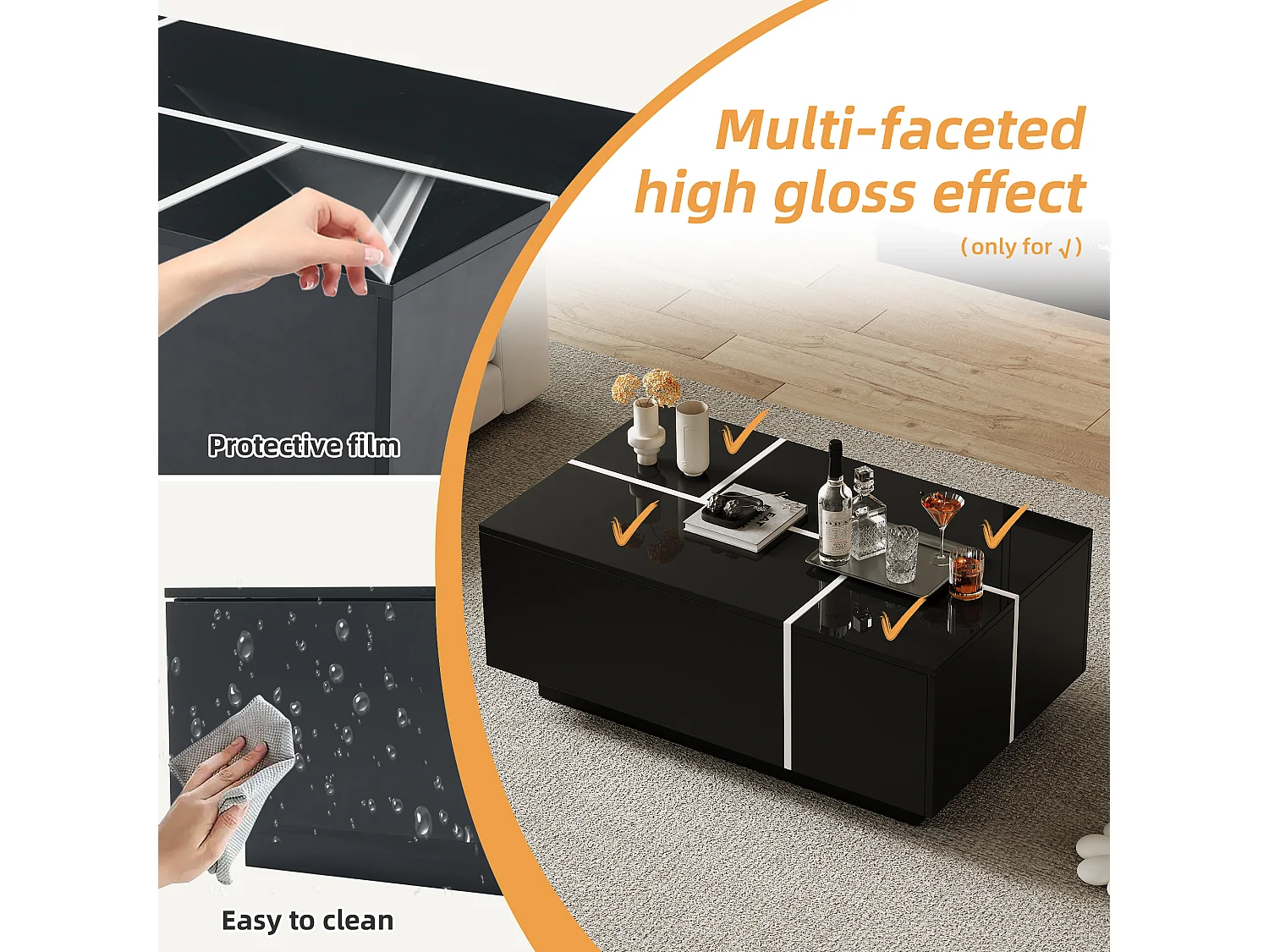 Mesa de centro cuadrada moderna de 100 x 60 x 40 cm, mesa de salón con 4 cajones, tapa deslizante, negra