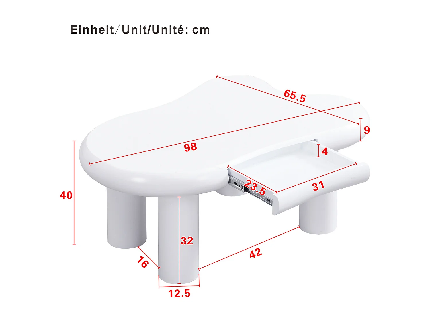 Mesa de centro blanca de MDF con efecto nube, 16 luces LED de colores y cajones con espacio de almacenamiento.