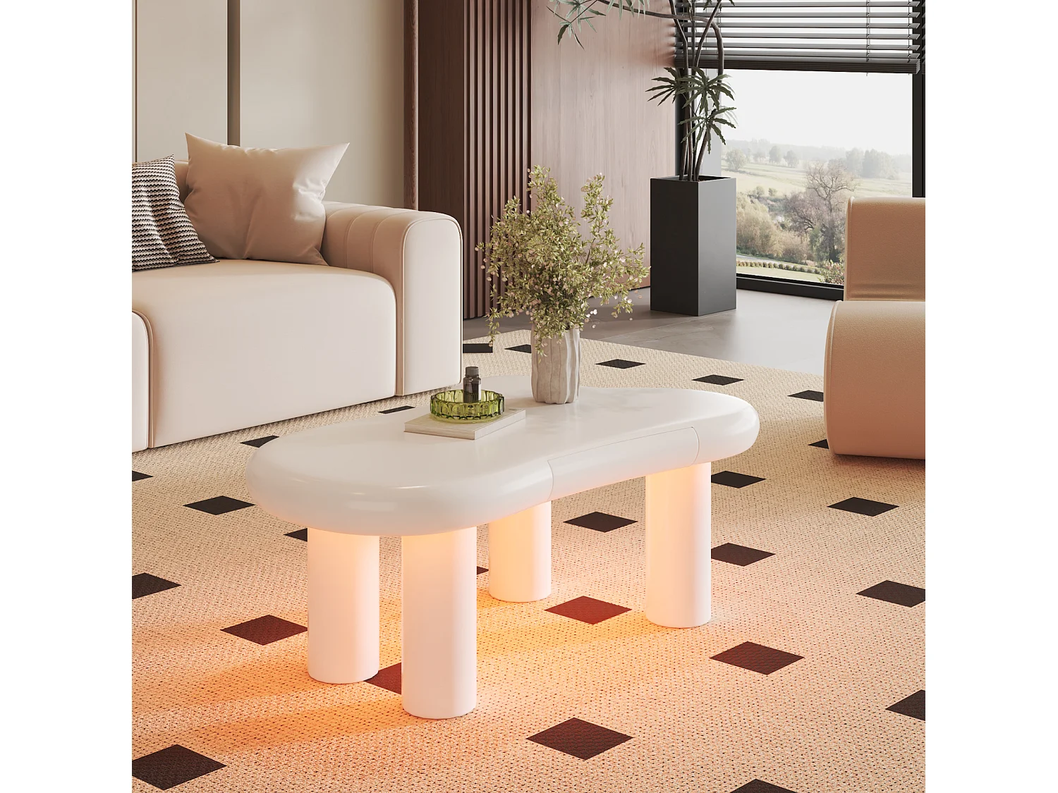 Table Basse en MDF Blanc Effet Nuage avec  LED 16 Couleurs et tiroirs - avec Espace de Rangement