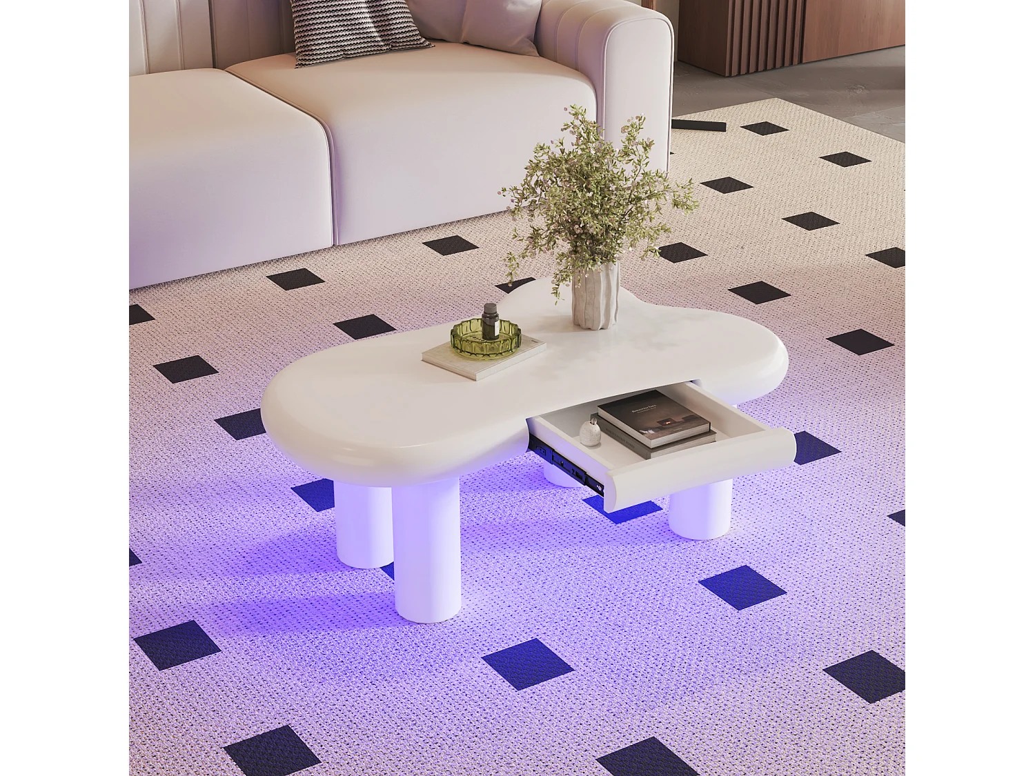 Table Basse en MDF Blanc Effet Nuage avec  LED 16 Couleurs et tiroirs - avec Espace de Rangement