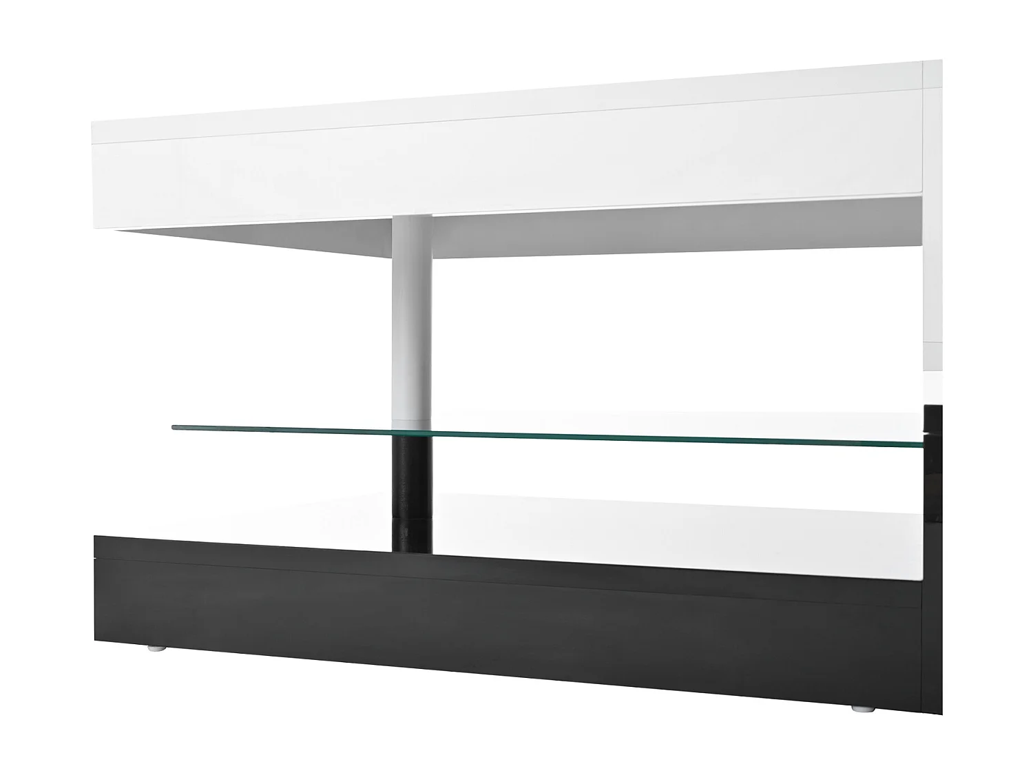 Table basse moderne avec éclairage LED, étagère en verre, design noir et blanc