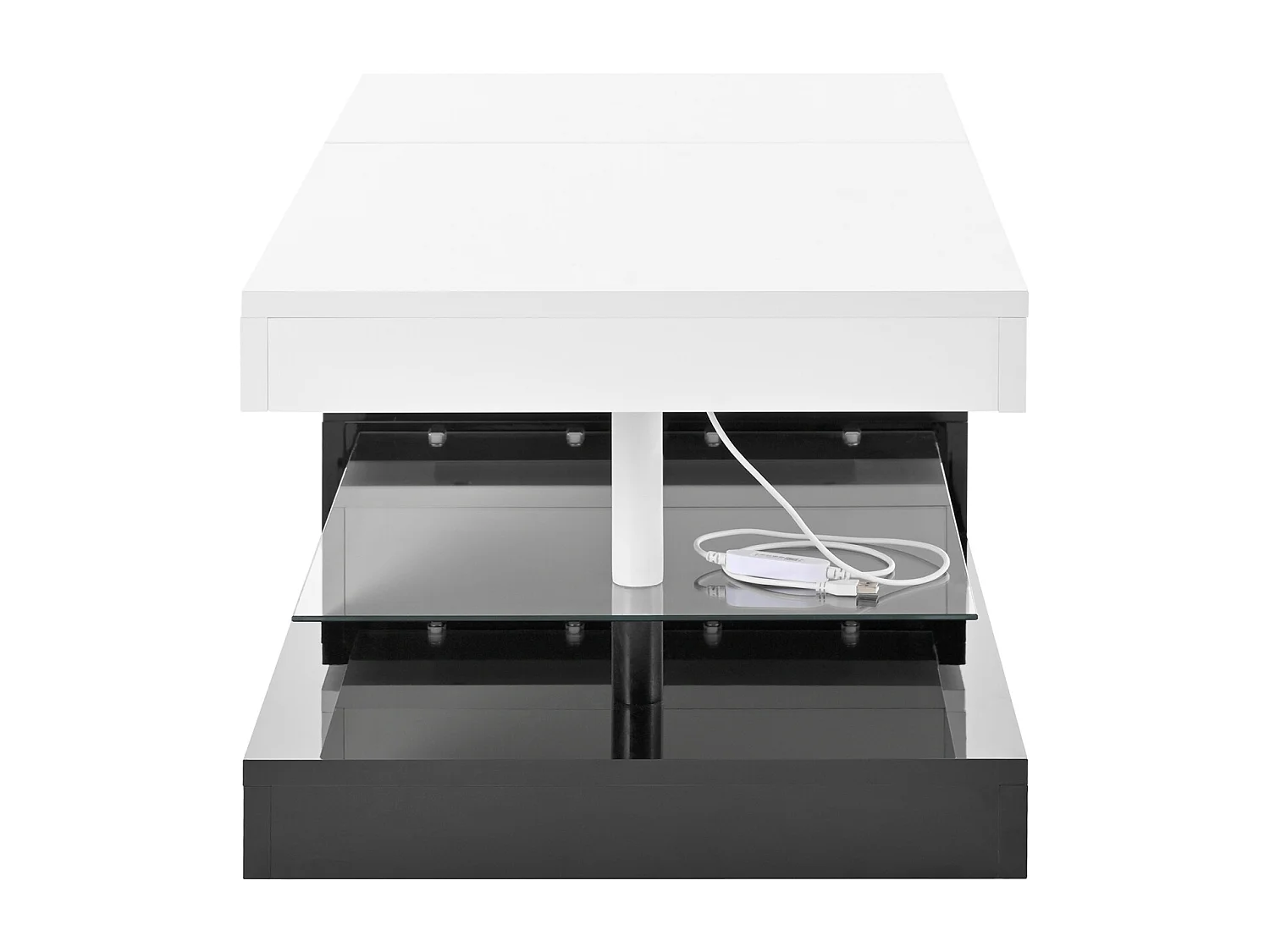 Table basse moderne avec éclairage LED, étagère en verre, design noir et blanc