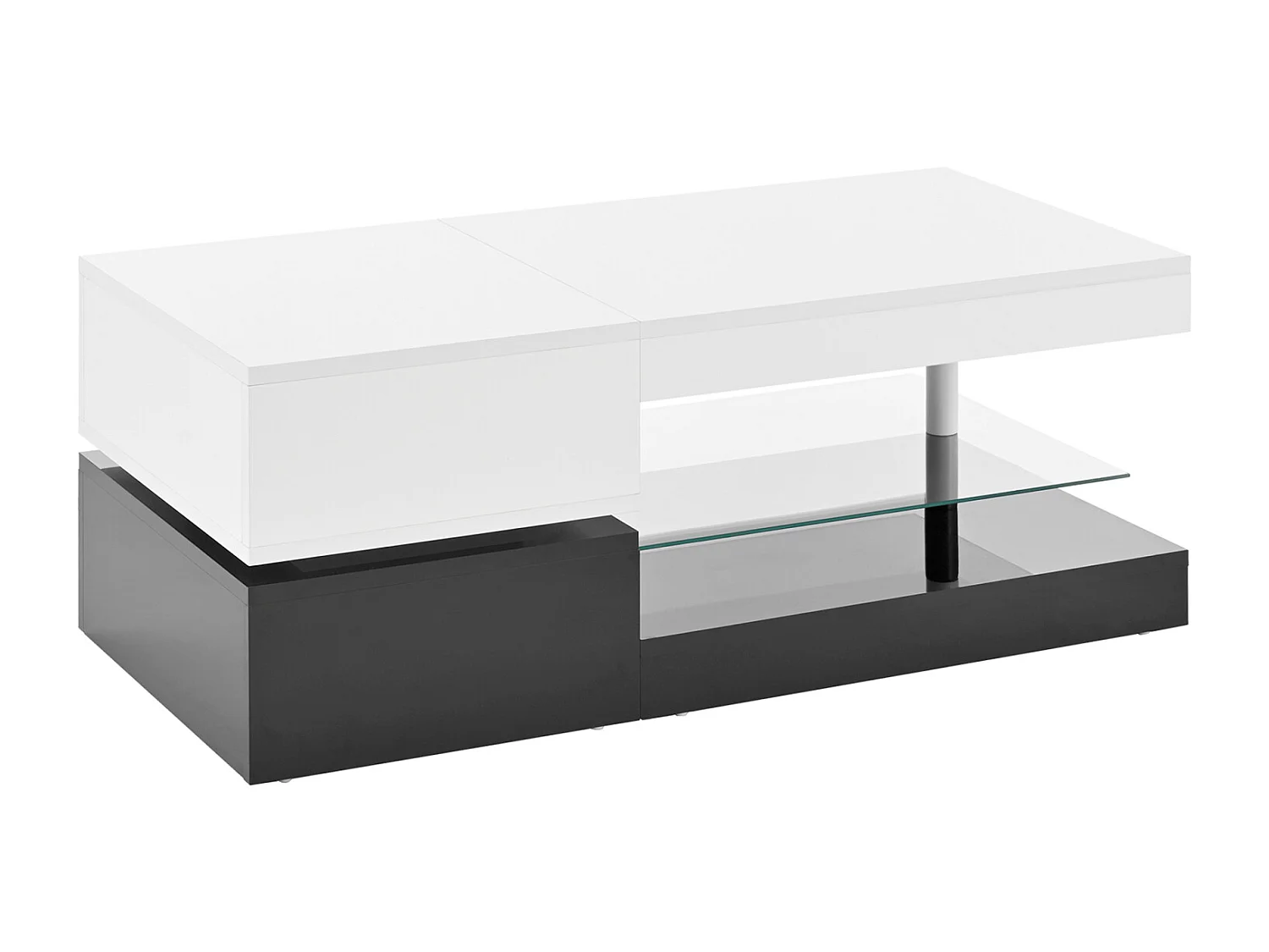 Moderne salontafel met LED-verlichting, glazen plank, zwart-wit design
