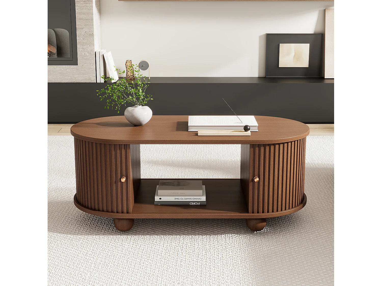 Mesa de centro oval com portas de correr e espaço de arrumação, para sala de estar, 100x50x40cm, nogueira