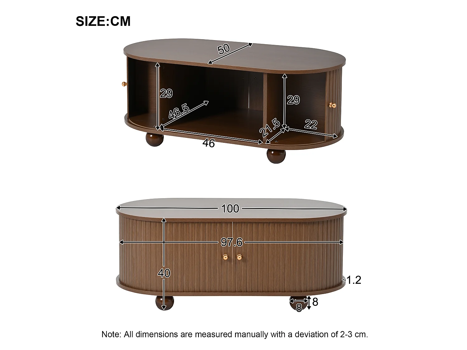 Mesa de centro oval com portas de correr e espaço de arrumação, para sala de estar, 100x50x40cm, nogueira
