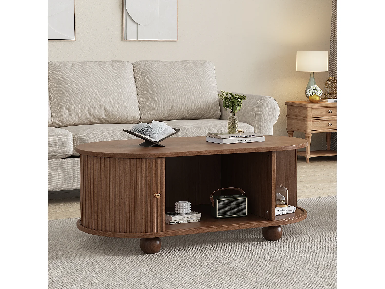Mesa de centro oval com portas de correr e espaço de arrumação, para sala de estar, 100x50x40cm, nogueira