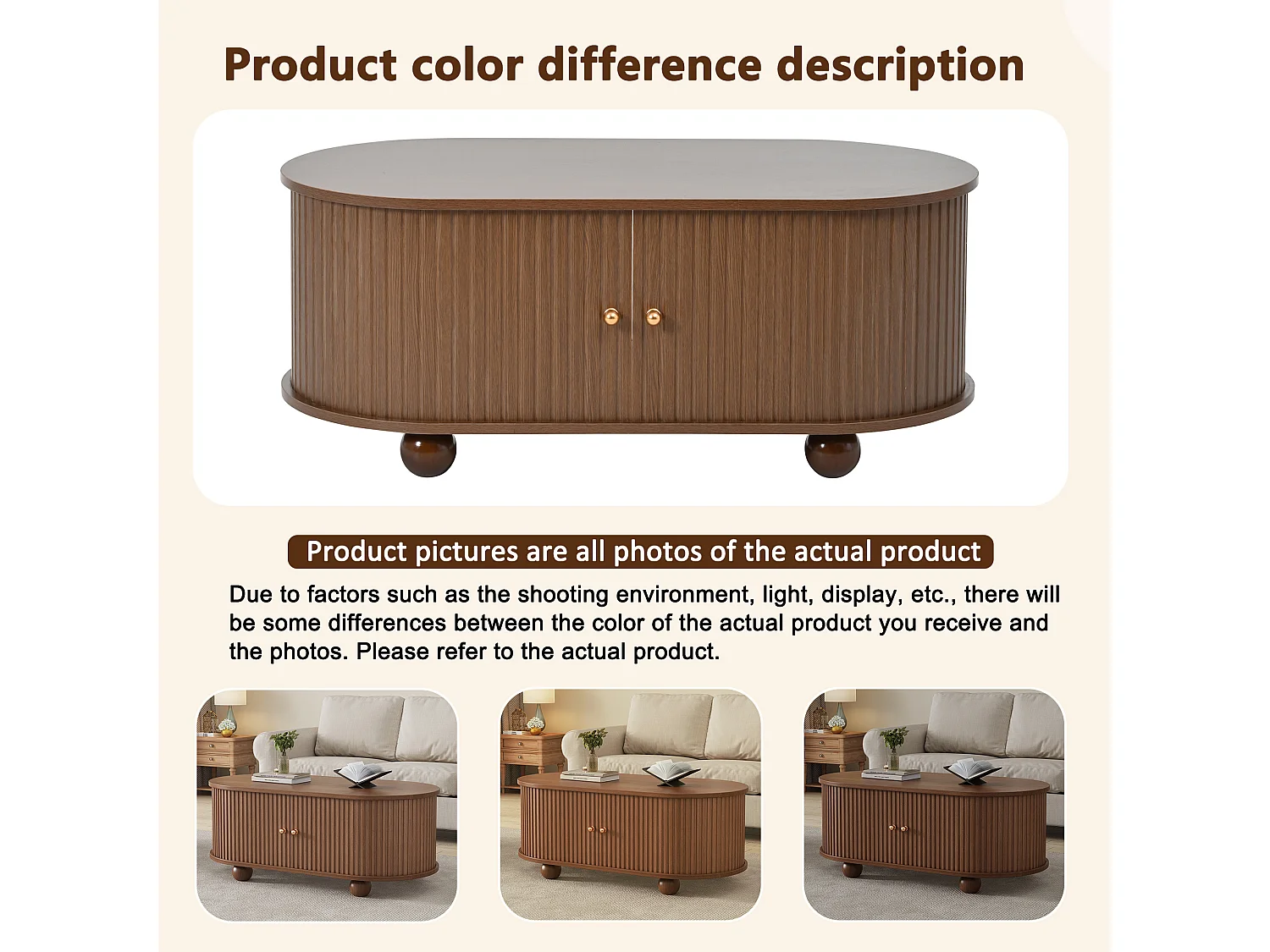 Mesa de centro oval com portas de correr e espaço de arrumação, para sala de estar, 100x50x40cm, nogueira