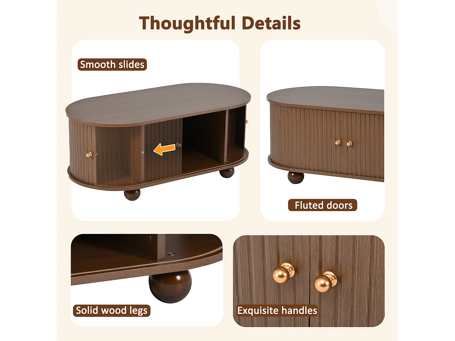 Mesa de centro oval com portas de correr e espaço de arrumação, para sala de estar, 100x50x40cm, nogueira