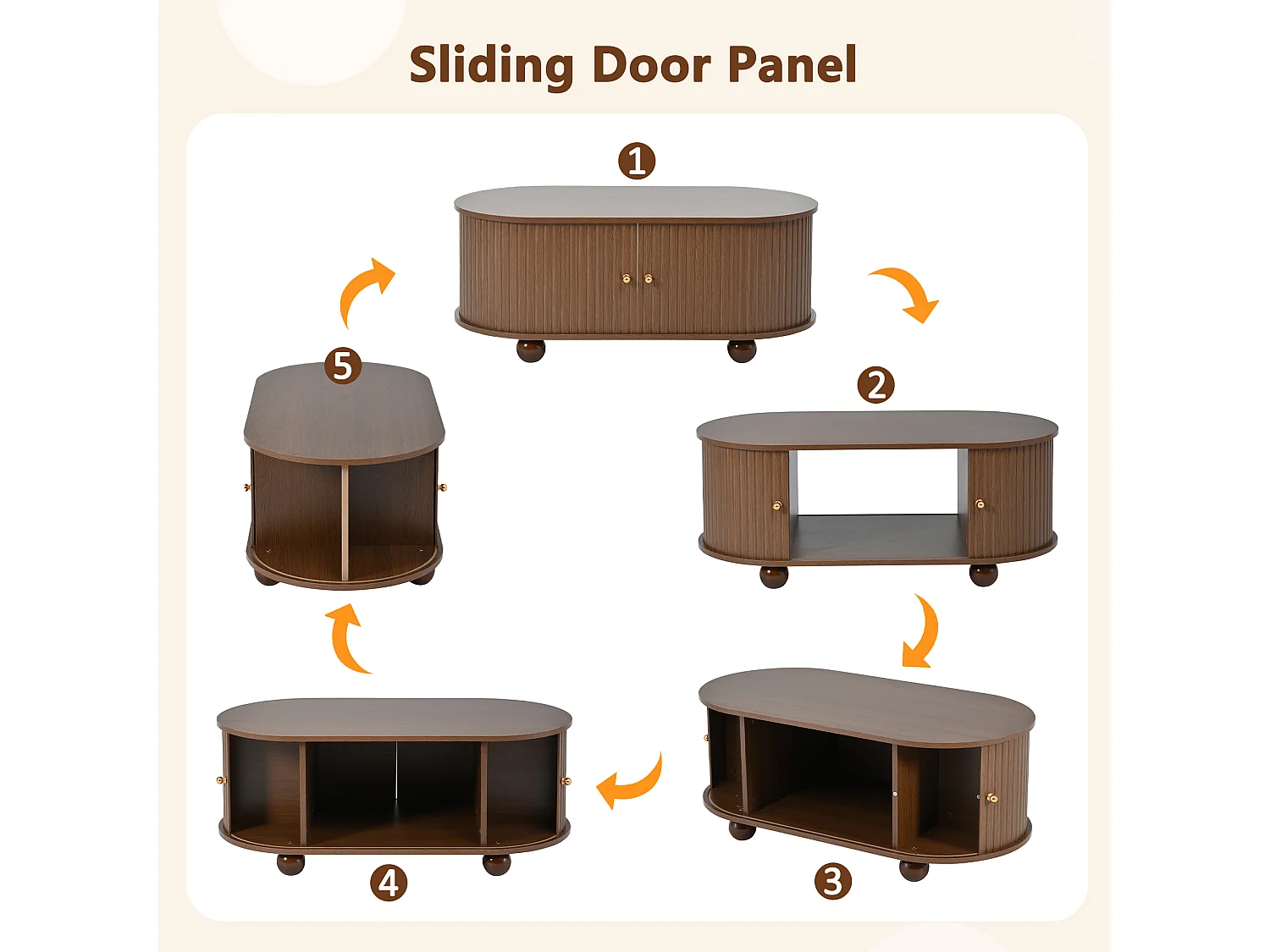 Mesa de centro oval com portas de correr e espaço de arrumação, para sala de estar, 100x50x40cm, nogueira
