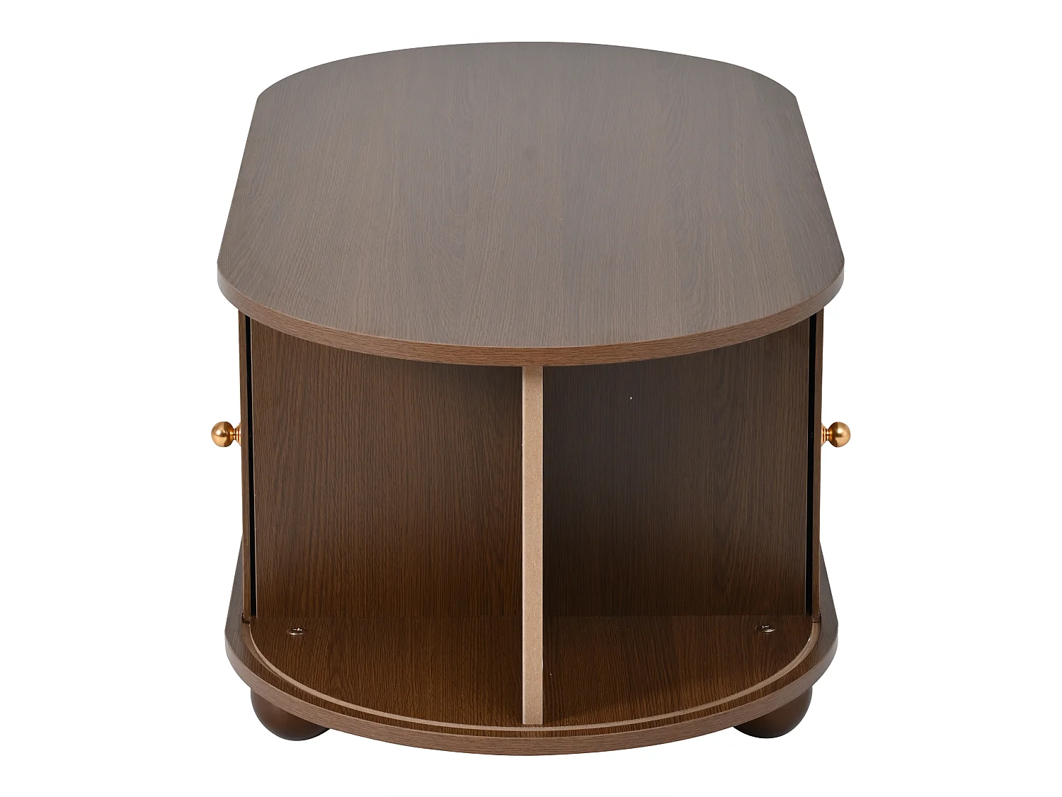 Mesa de centro oval com portas de correr e espaço de arrumação, para sala de estar, 100x50x40cm, nogueira