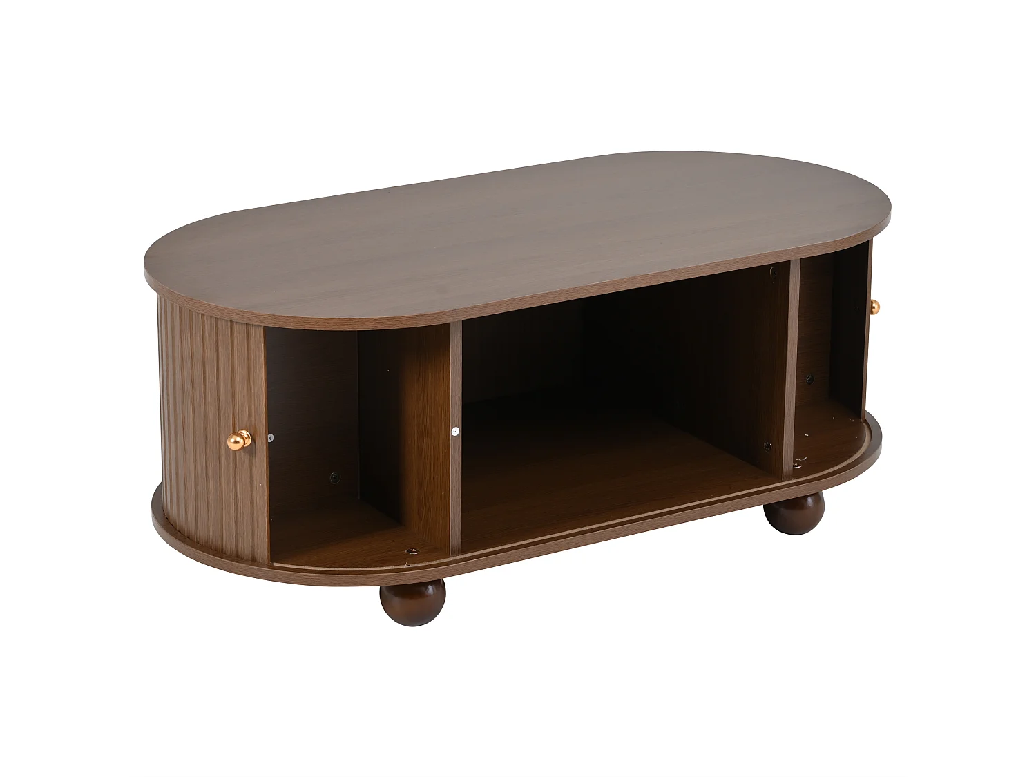 Mesa de centro oval com portas de correr e espaço de arrumação, para sala de estar, 100x50x40cm, nogueira