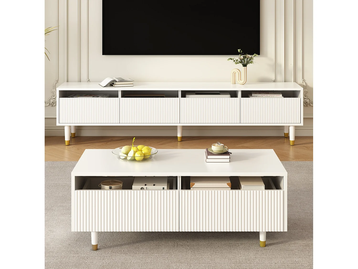 Mesa de centro moderna con luz LED, tapa ondulada tipo cajón, patas de madera doradas y acabado blanco.