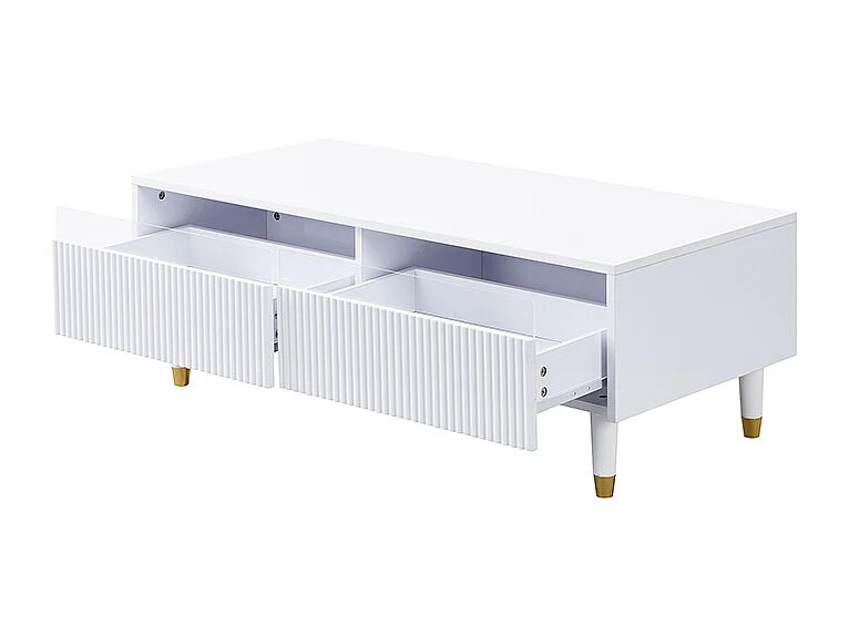 Mesa de centro moderna con luz LED, tapa ondulada tipo cajón, patas de madera doradas y acabado blanco.