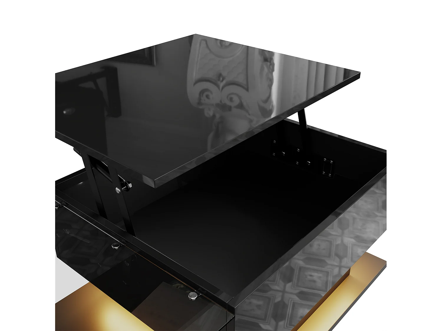 Table Basse Noire avec Plateau en Verre et Plateau Brillant, Table d'appoint LED avec tiroir Noir
