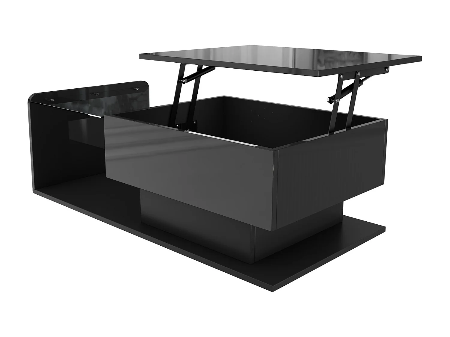 Table Basse Noire avec Plateau en Verre et Plateau Brillant, Table d'appoint LED avec tiroir Noir