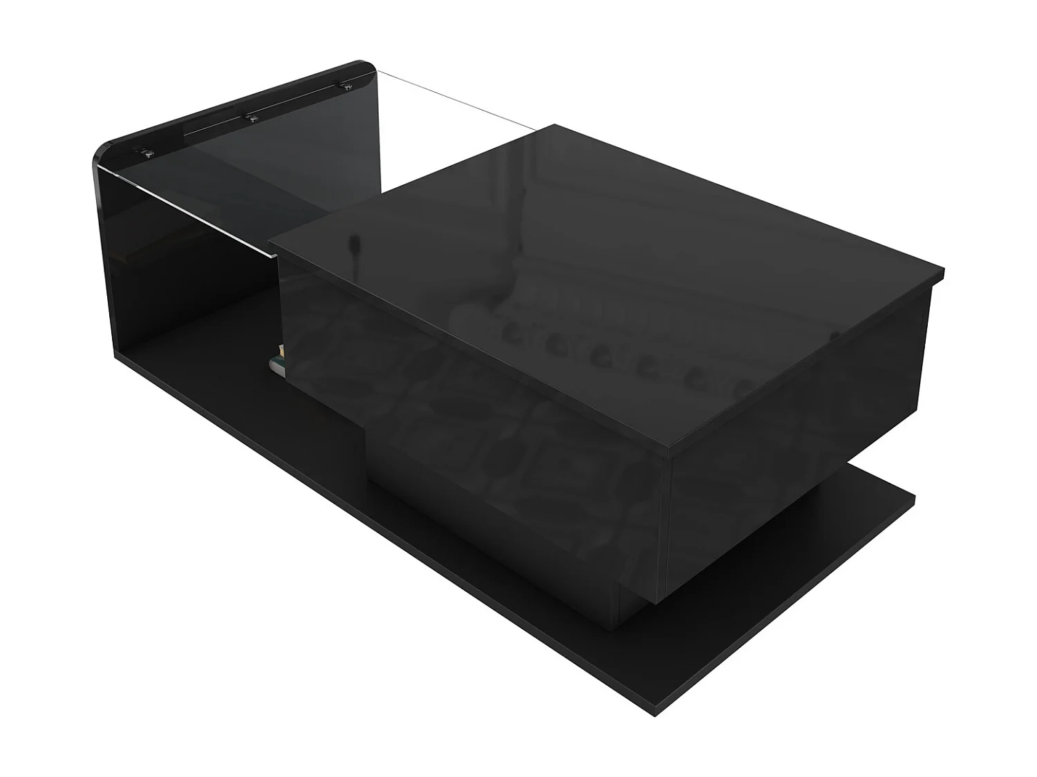 Table Basse Noire avec Plateau en Verre et Plateau Brillant, Table d'appoint LED avec tiroir Noir