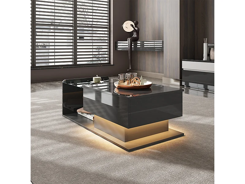 Table Basse Noire avec Plateau en Verre et Plateau Brillant, Table d'appoint LED avec tiroir Noir