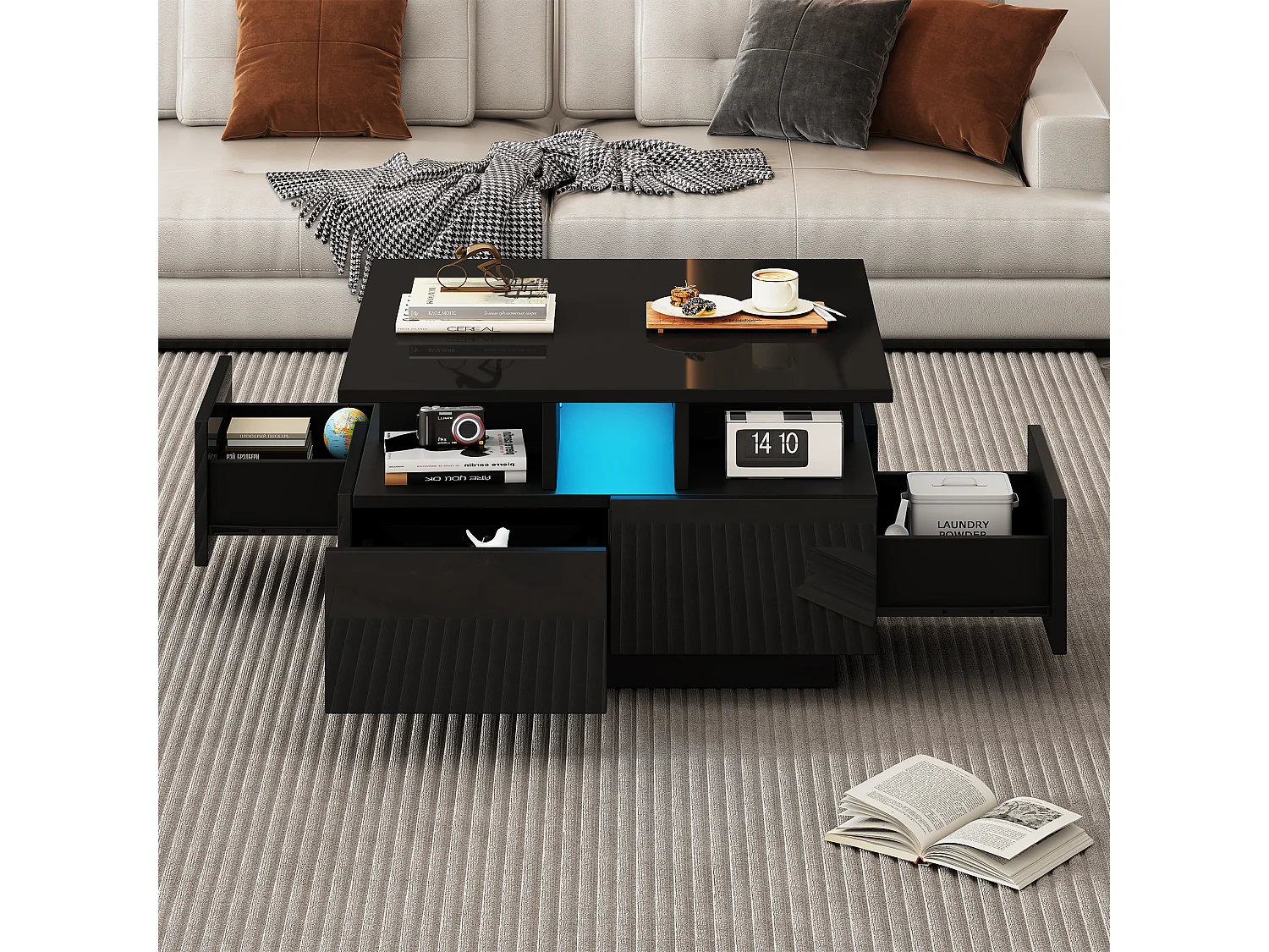 Woonkamer theetafel met LED-verlichting, 4 lades, geometrisch design, 70 x 70 x 40 cm, wit