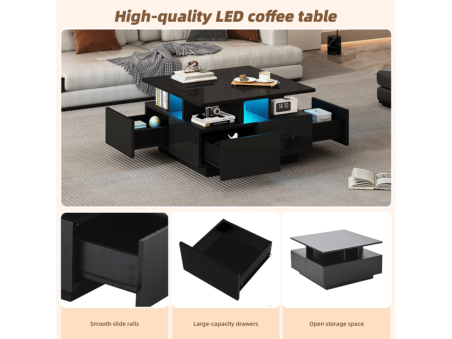 Woonkamer theetafel met LED-verlichting, 4 lades, geometrisch design, 70 x 70 x 40 cm, wit