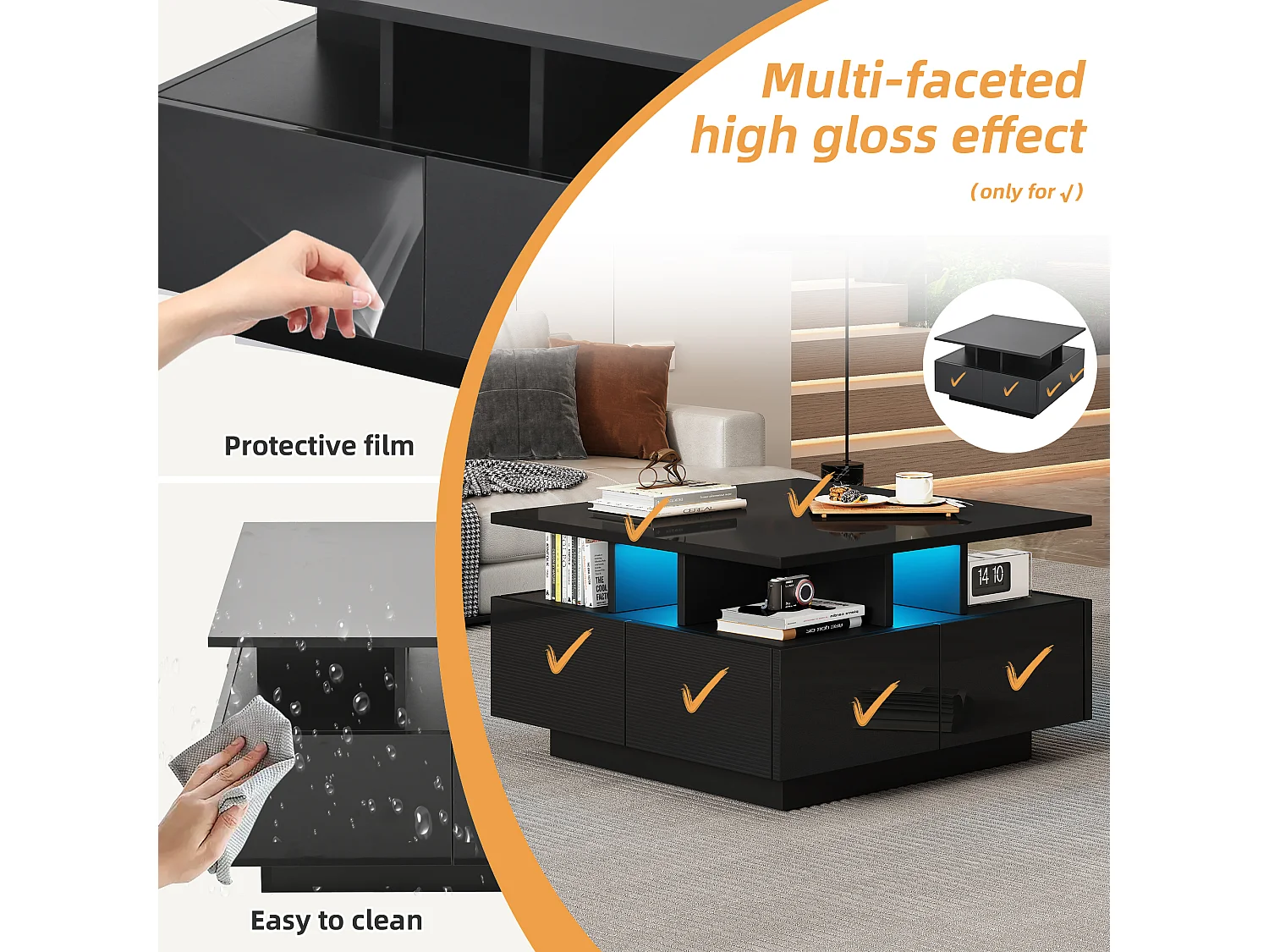 Woonkamer theetafel met LED-verlichting, 4 lades, geometrisch design, 70 x 70 x 40 cm, wit