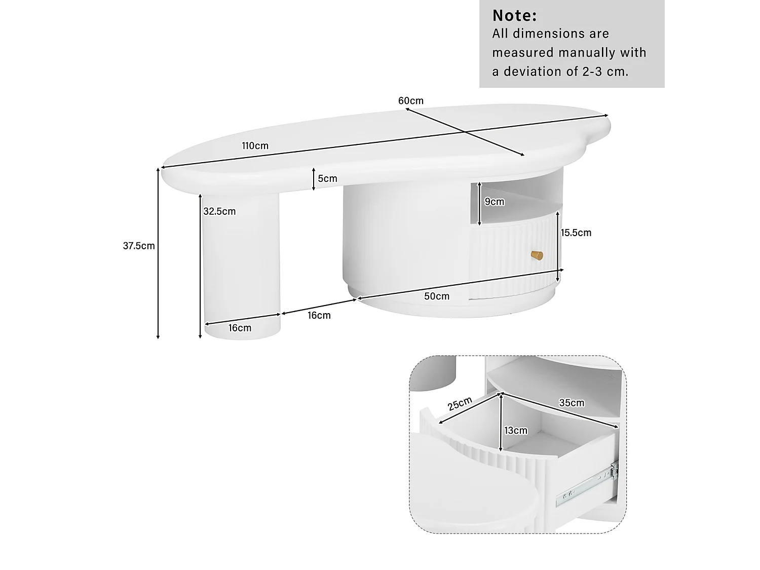 Mesa de centro irregular con forma de nube, 110 x 60 x 37,5 cm, tablero de MDF con 1 cajón, blanca