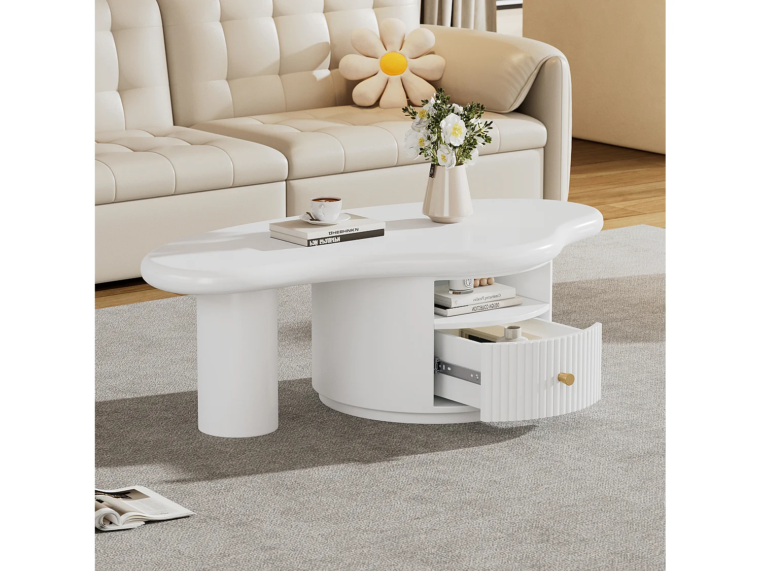 Mesa de centro irregular con forma de nube, 110 x 60 x 37,5 cm, tablero de MDF con 1 cajón, blanca