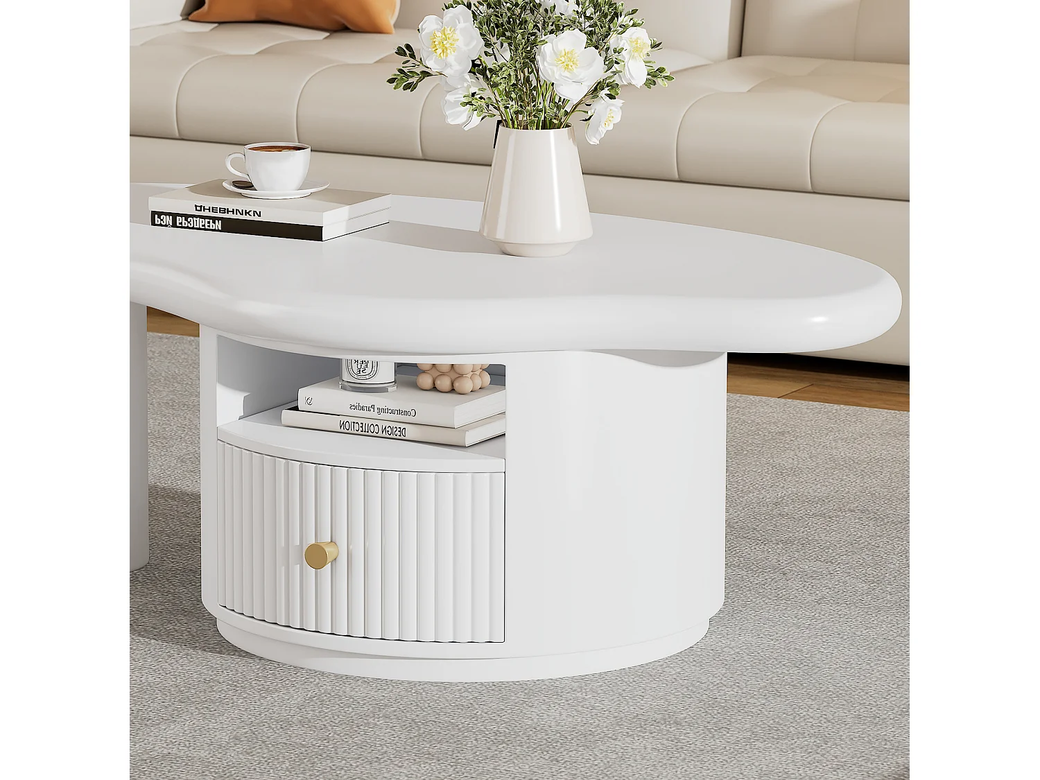 Mesa de centro irregular con forma de nube, 110 x 60 x 37,5 cm, tablero de MDF con 1 cajón, blanca