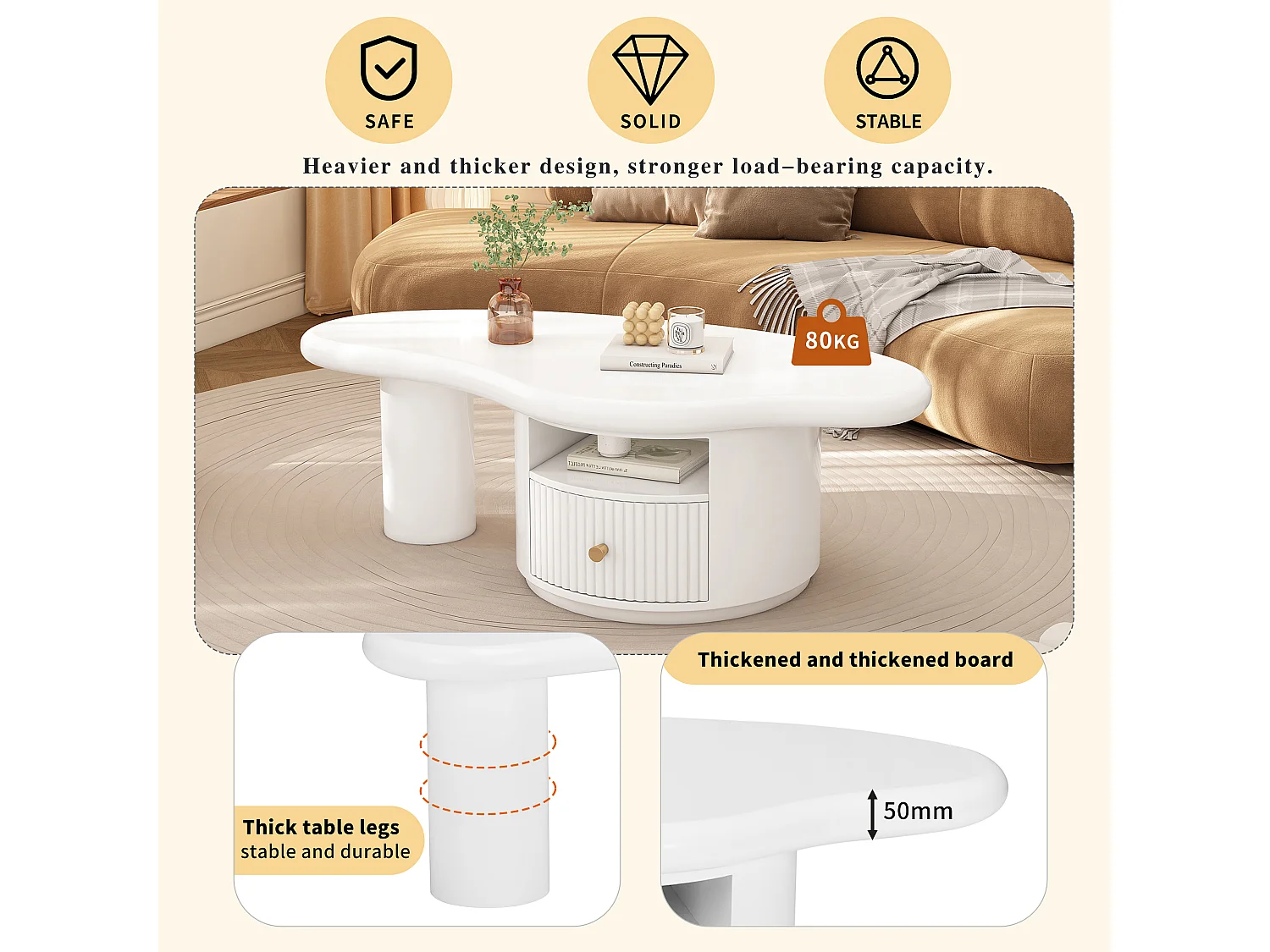 Mesa de centro irregular con forma de nube, 110 x 60 x 37,5 cm, tablero de MDF con 1 cajón, blanca