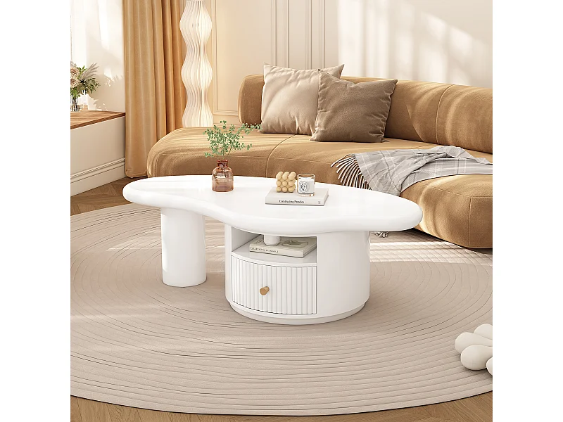 Mesa de centro em formato de nuvem irregular, 110 x 60 x 37,5 cm, tampo em MDF com 1 gaveta, branca.