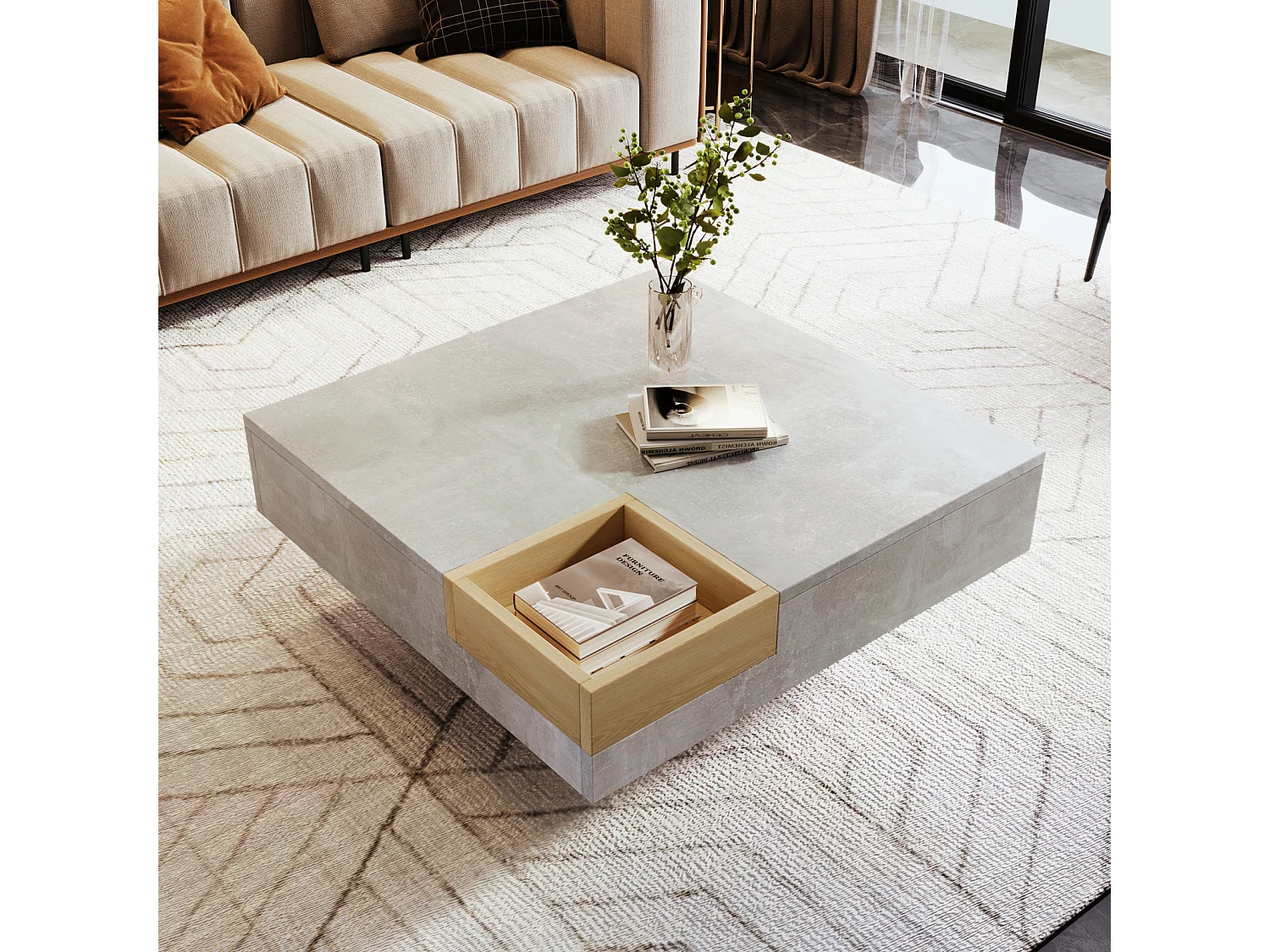 Table Basse Carrée Moderne Design avec Boîte de Rangement Amovible, Table d'appoint Bois&Gris