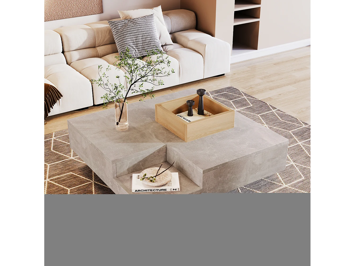 Tavolino da caffè quadrato moderno con contenitore rimovibile, tavolino laterale in legno e grigio