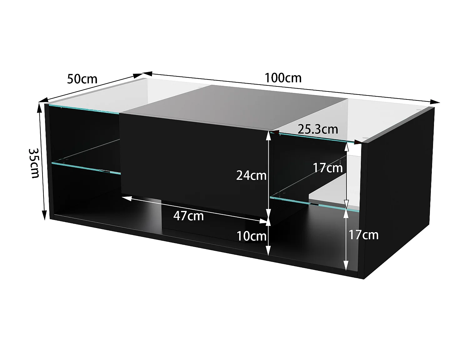 Table basse flottante LED noir 100 x 50 x 35 cm, plateau en verre trempé, haute brillance