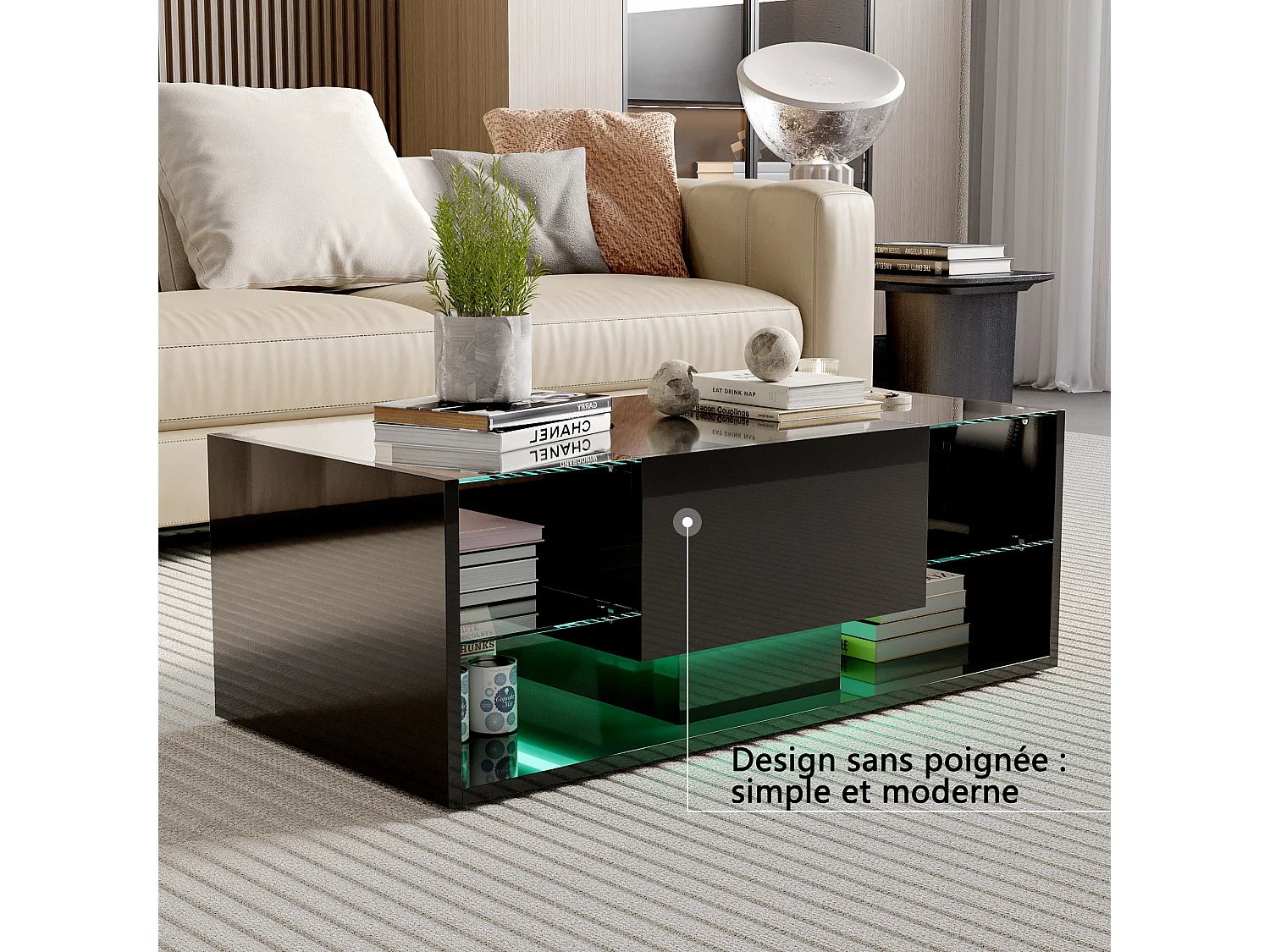 Table basse flottante LED noir 100 x 50 x 35 cm, plateau en verre trempé, haute brillance