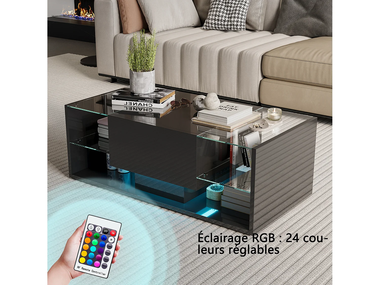 Table basse flottante LED noir 100 x 50 x 35 cm, plateau en verre trempé, haute brillance