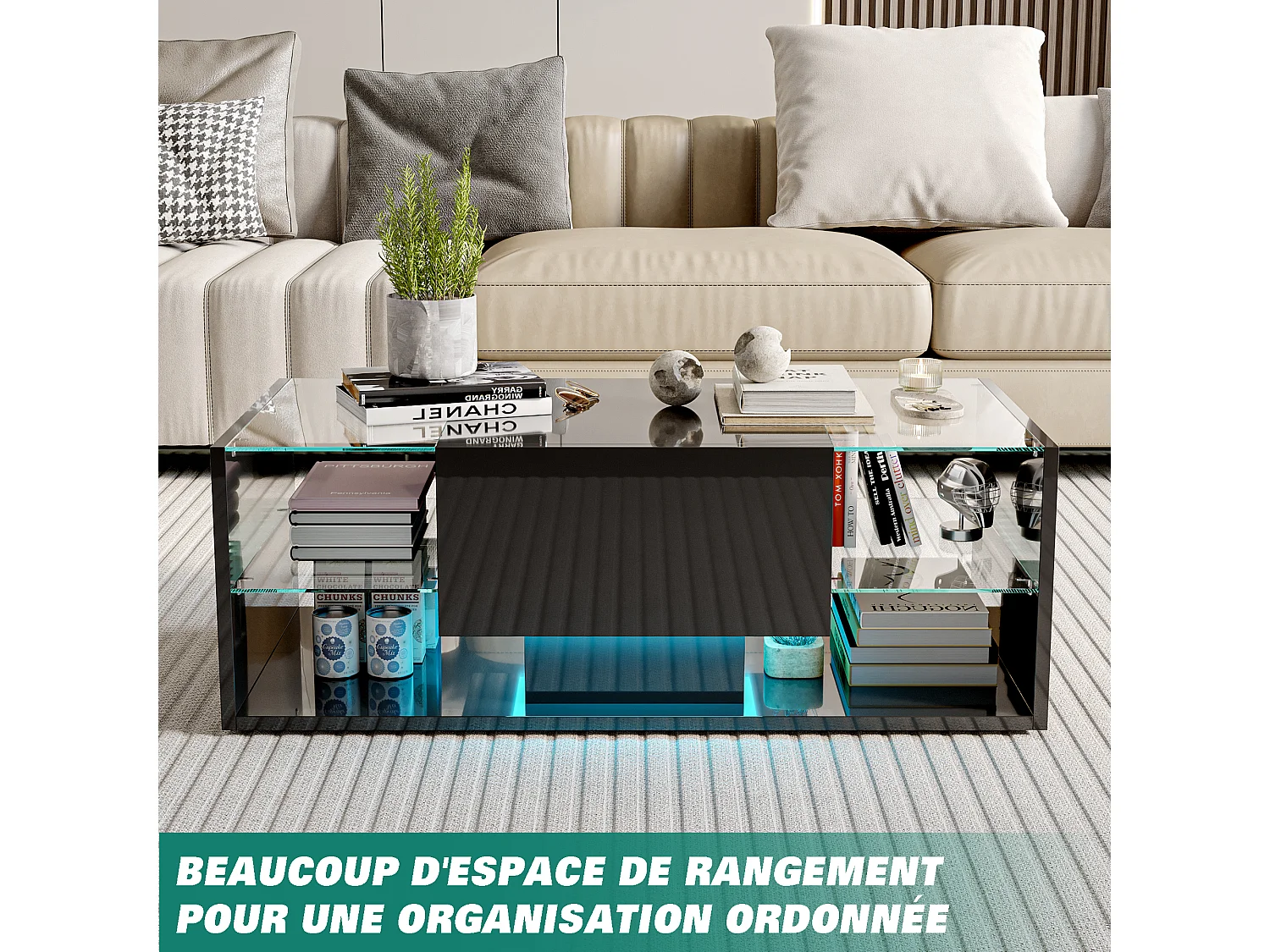 Table basse flottante LED noir 100 x 50 x 35 cm, plateau en verre trempé, haute brillance